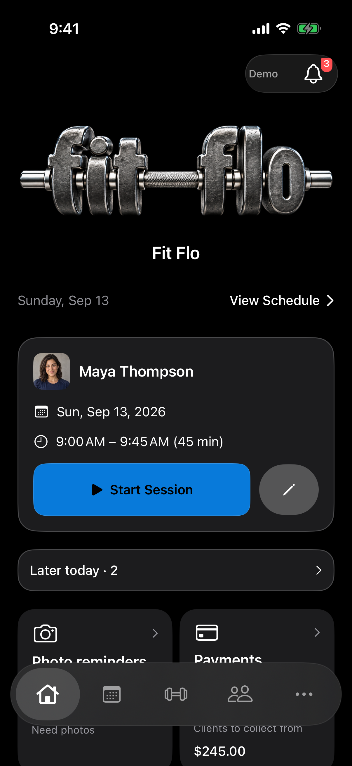 Custom Fit Flo trainer logo on the home screen, with a blue accent in dark mode