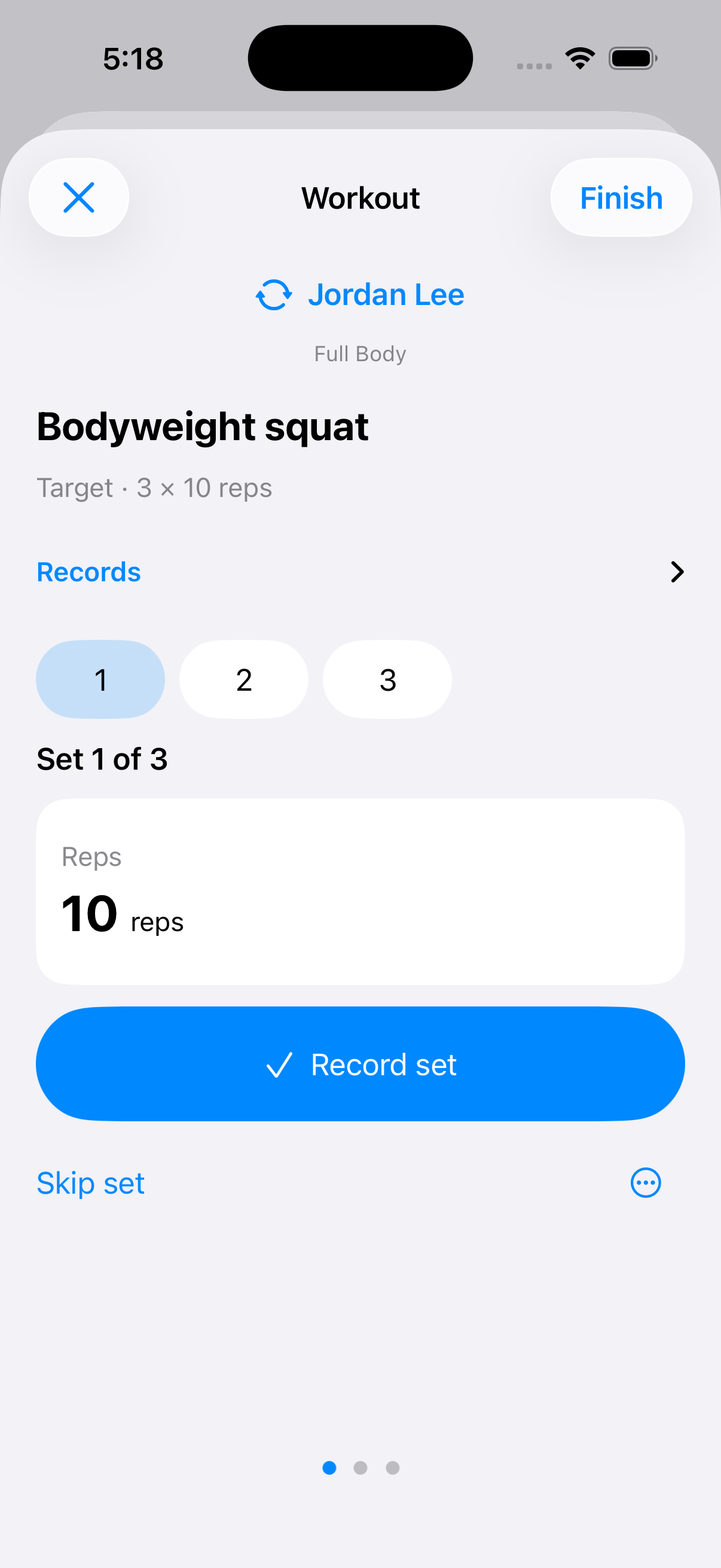 Jordan's workout with a client-switch control to move to Sofia's workout