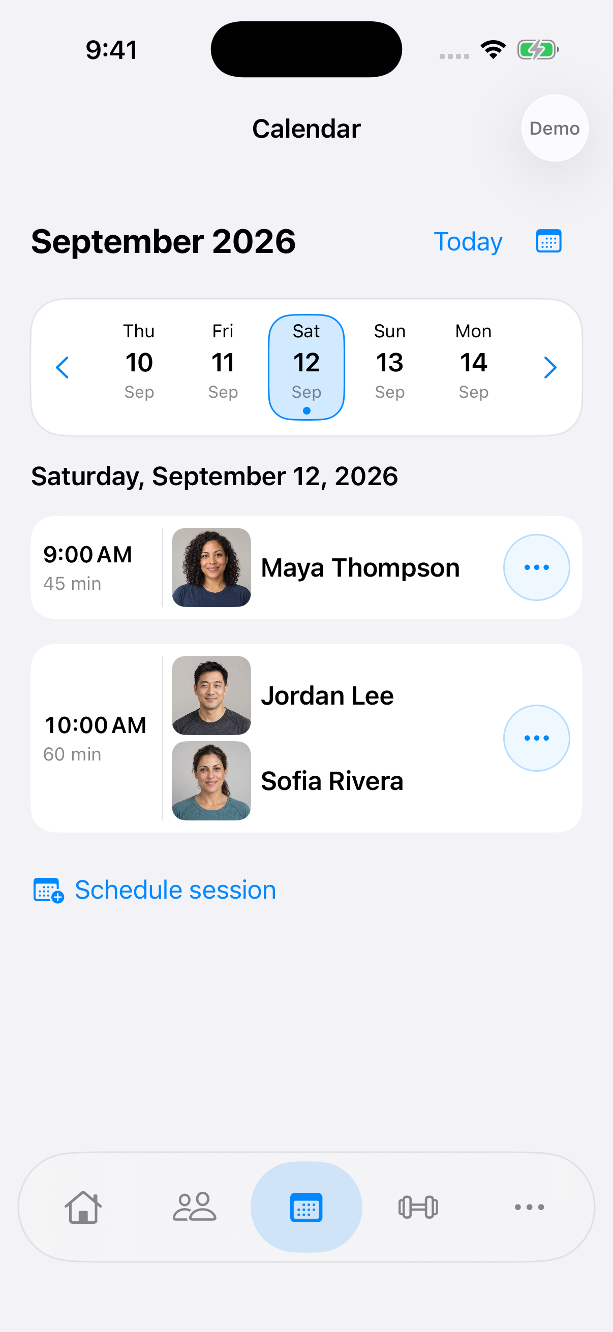 Fit Flo calendar with solo and paired training sessions