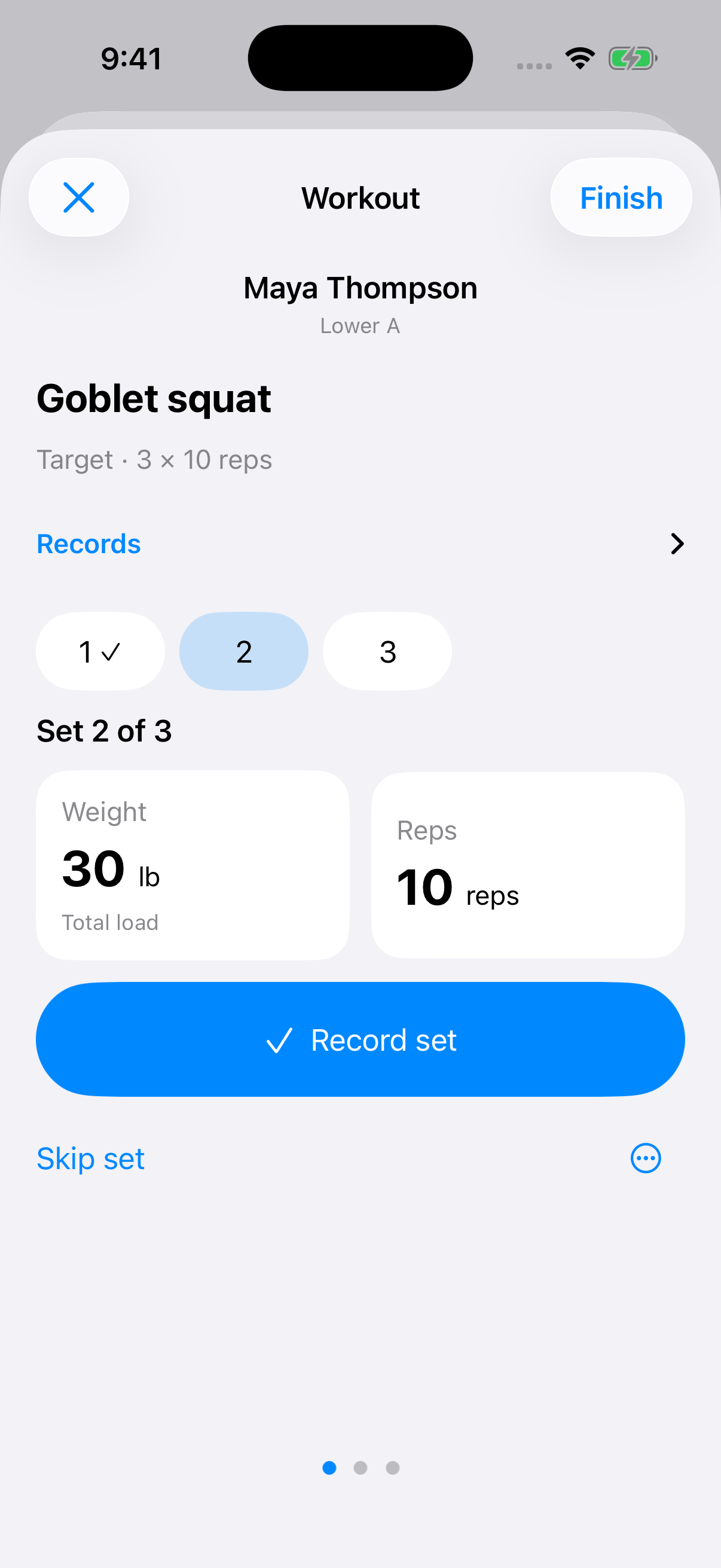 Fit Flo workout showing goblet squat set logging